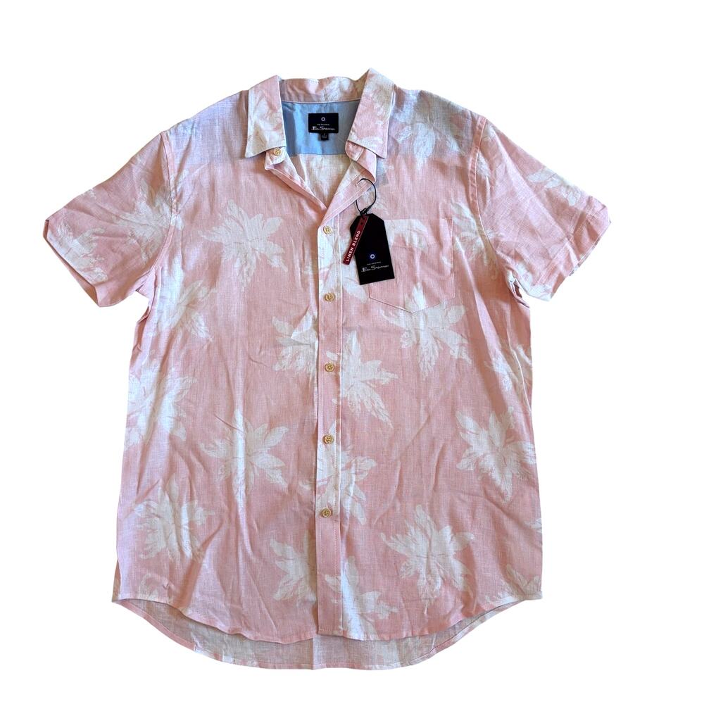 Ben Sherman Pink Floral Linen Blend Short Sleeve Button Down Shirt Mens L NEW